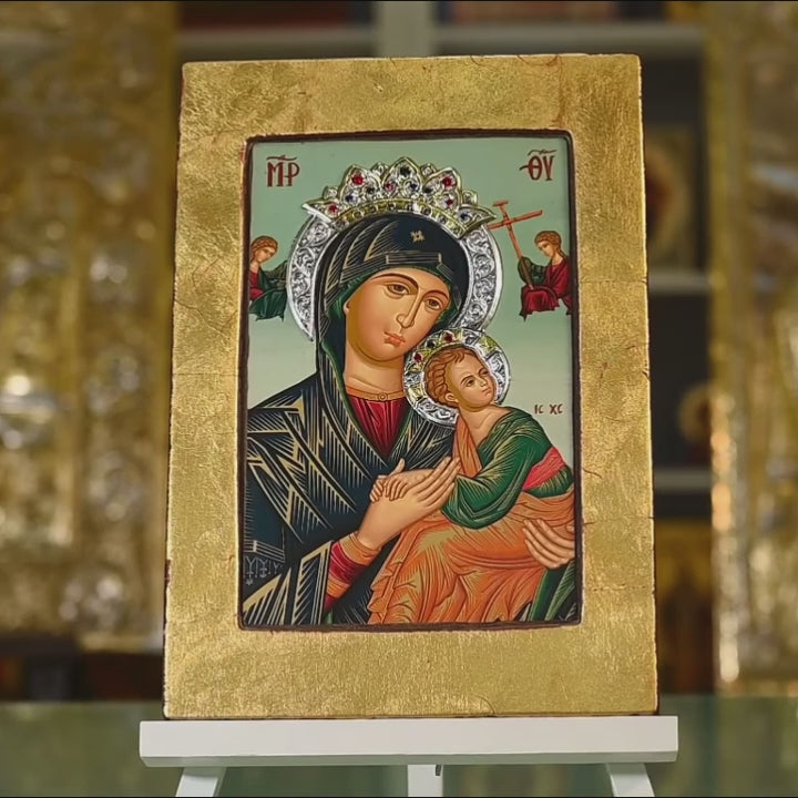Παναγία Διαρκούς Βοηθείας  - Παλαιωμένη ξύλινη εικόνα με ασημένιο φωτοστέφανο τοπικά επιχρυσωμένο - Άγιο Όρος