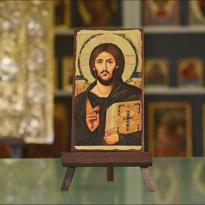 Χριστός Παντοκράτωρ  - Ξύλινη παλαιωμένη εικόνα σε καμβά με χρυσό φόντο - Άγιο Όρος